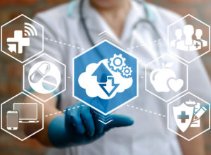 Image of doctor touching glass screen with digital health icons