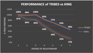 A graph showing a comparison of performance of TRIBES versus KINGS it shows that TRIBES finds more true positives and when the degree of relationship is less as shown in an Amyotrophic Lateral Scelorsis dataset